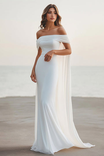 White Mermaid Off the Shoulder Cape Long Chiffon Graduation Dress